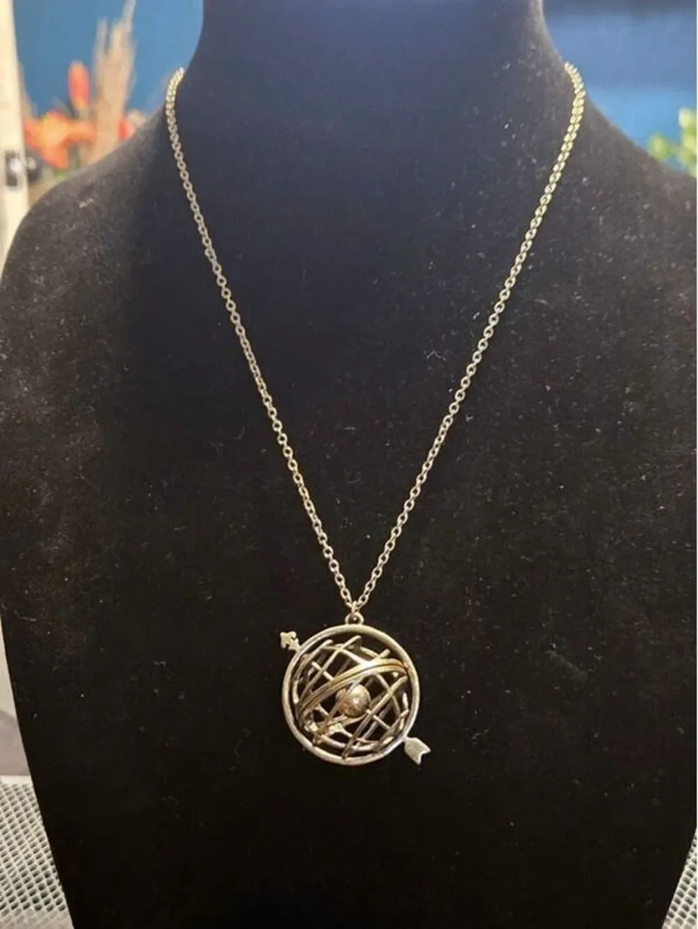 Vintage Brass Armillary Sphere Astronomical Globe Pendant Necklace with Arrow